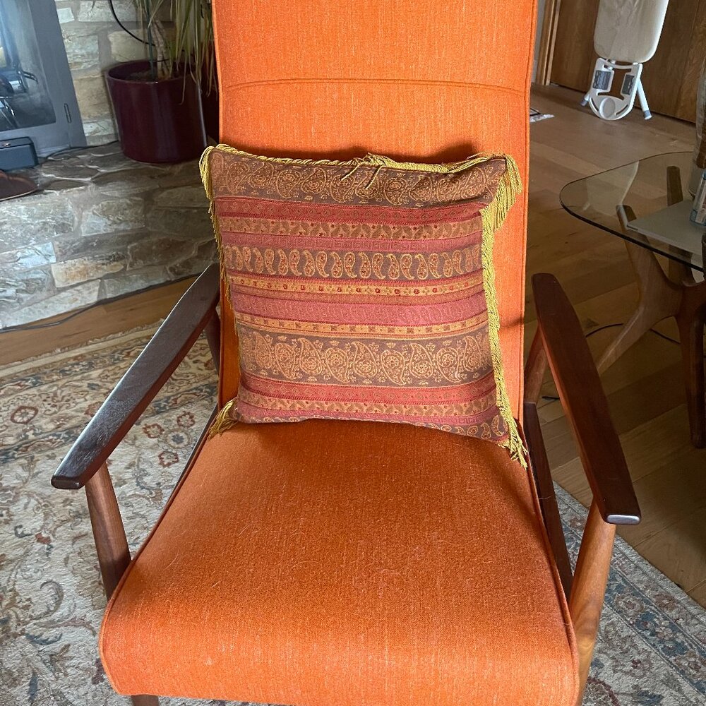 ARHAUS Cotton Orange/Red Paisley Greek Key with Gold Fringe Down Throw Pillow